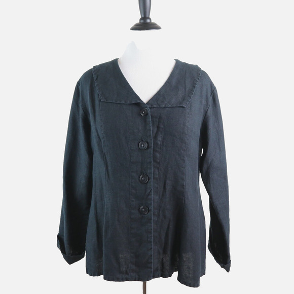 Flax Size M Woven Linen Button Down Blouse Collared Top Black - Picture 2 of 9